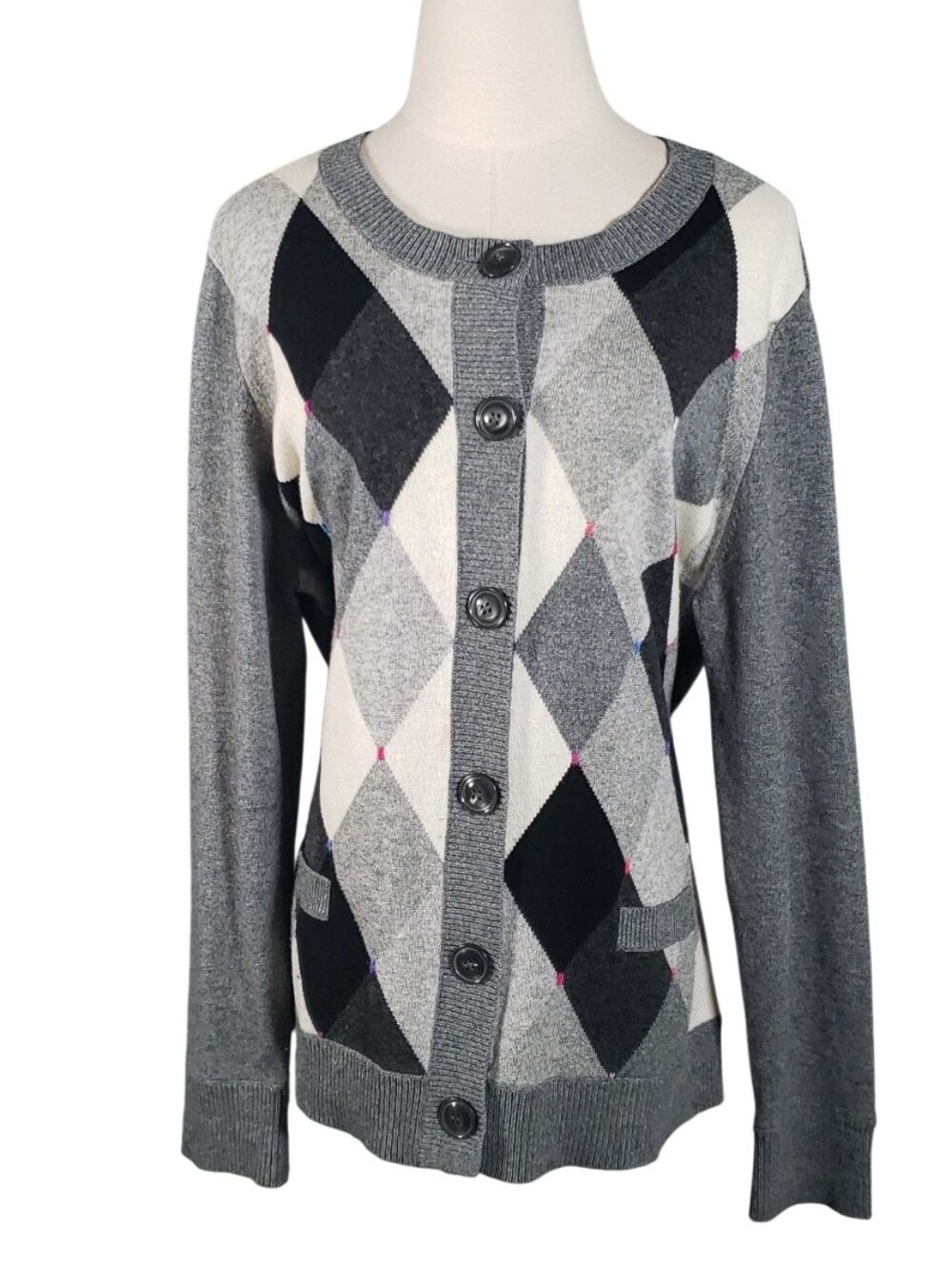 Basler German Wool Cashmere Whimsical Argyle Ticking Women 44 Cardigan Classic